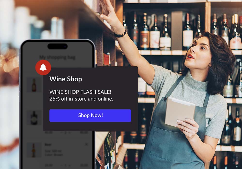 liquor shop, in the foreground iPhone showing notification form liquor webshop