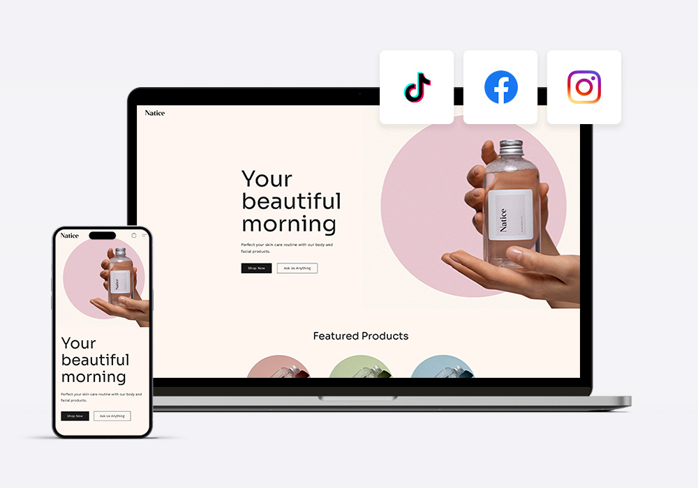 MacBook and iPhone with beauty webshop, on the top social media icons