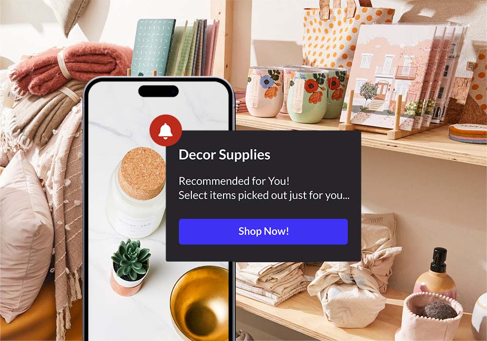 home decor shop, in the foreground iPhone showing notification form home decor webshop