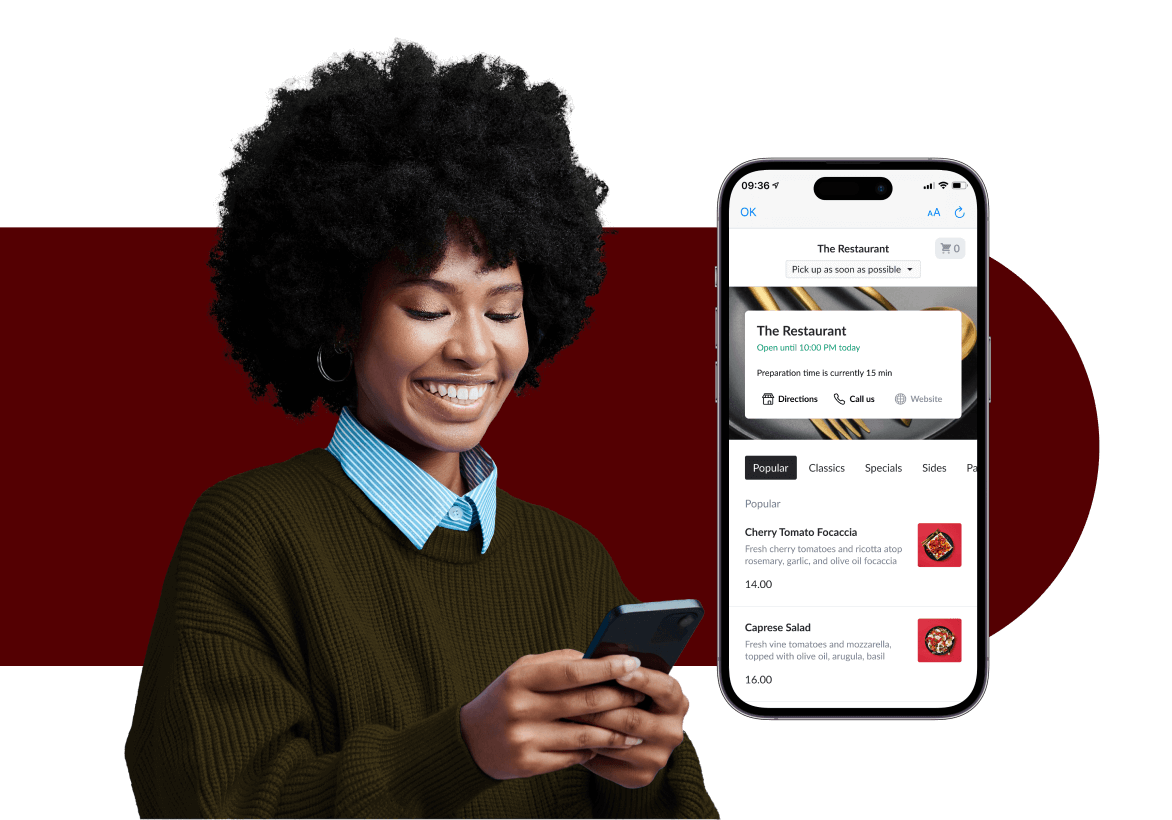 woman checking online order status on her phone, phone with Order Anywhere interface on her right