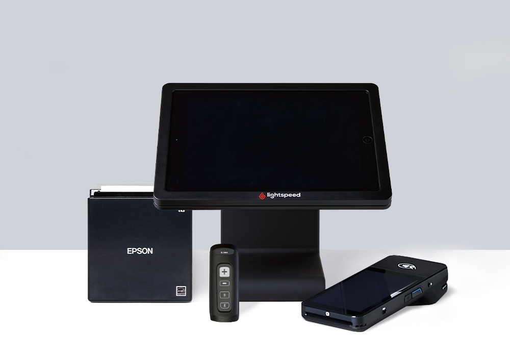 Sleek and sophisticated point of sale display with recipt printer and portable handheld payment device.